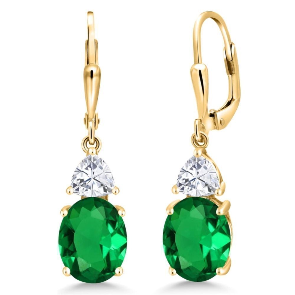 18K Yellow Gold with 4.94 Cttw Emerald and White Moissanite Drop Earrings